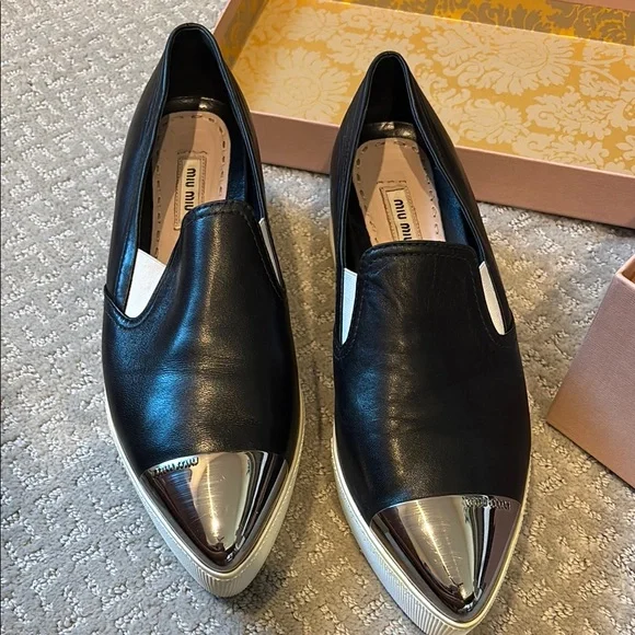 Miu Miu Black Slip-On Skater Platform Sneakers with Silver-Toned Tips - 39.5 - Picture 11 of 14
